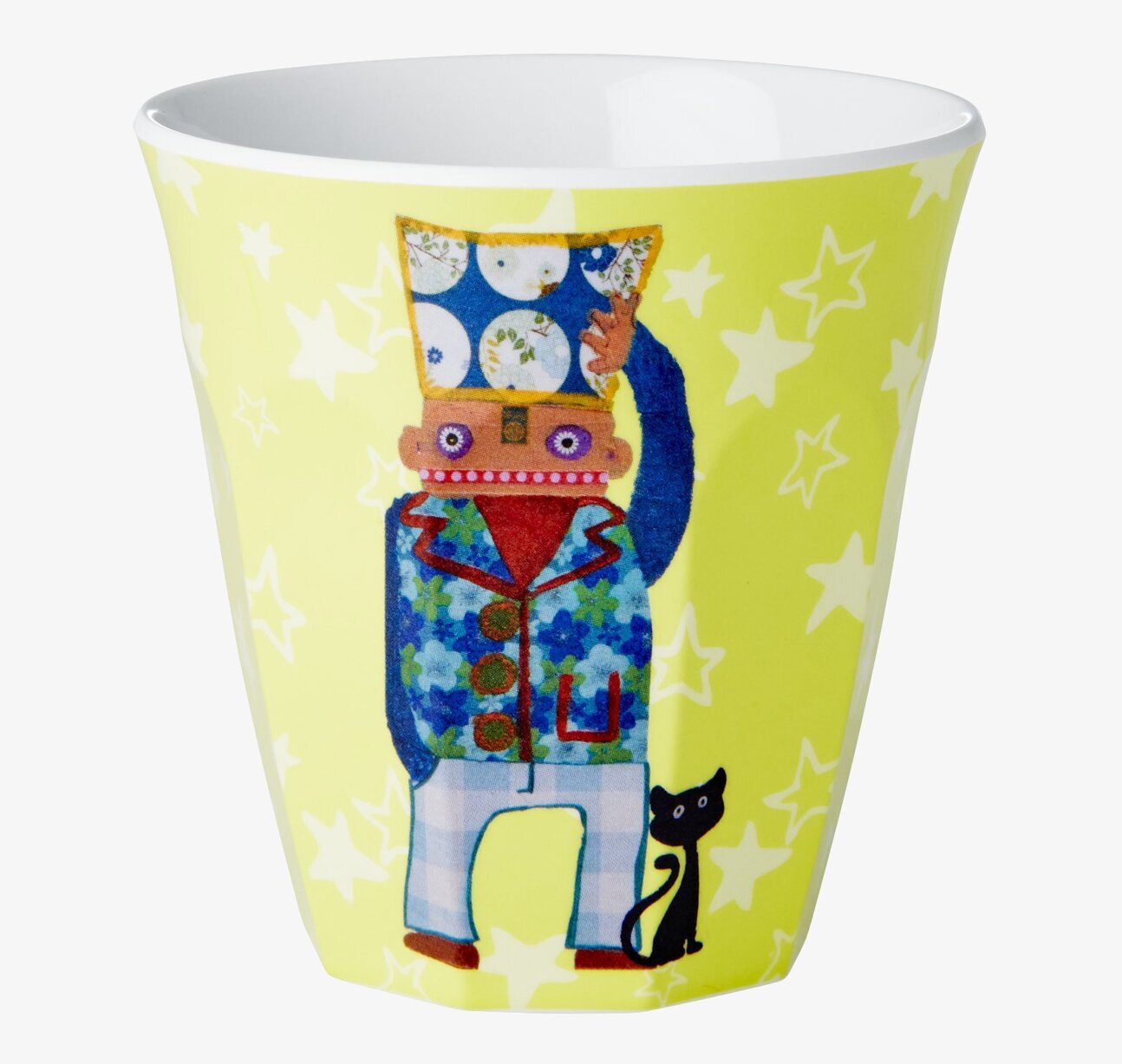 Barnmugg Funky Gul från Rice med robot och kattillustration
