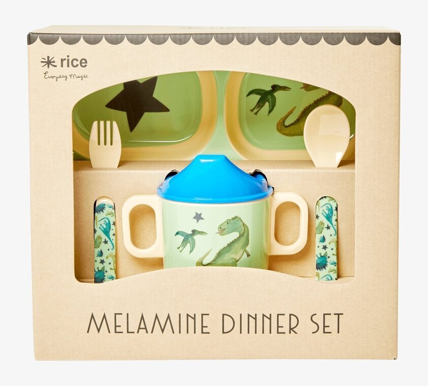 Giftbox Matservis Dino Print från Rice i färgglad förpackning