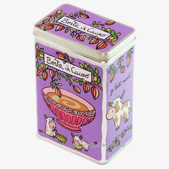 Bild av livfull lila plåtburk med kakaoillustrationer