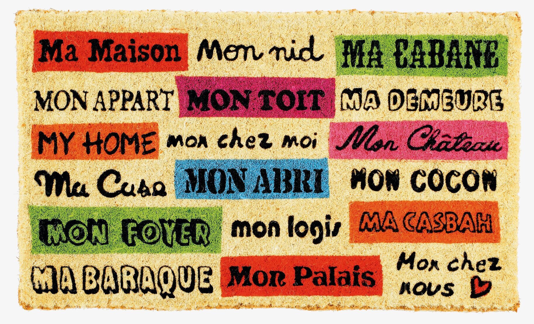 Dörrmatta Mitt Hem från Derriére la porte med färgglad text