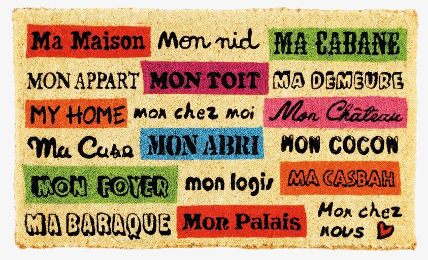 Dörrmatta Mitt Hem från Derriére la porte med färgglad text