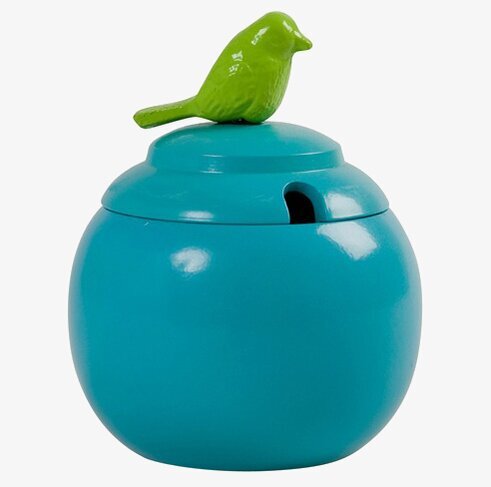 Rice Syltburk Turkos med grön fågel på locket, dekorativ