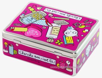 Bild av lekfull ljuslila plåtburk med humoristisk design