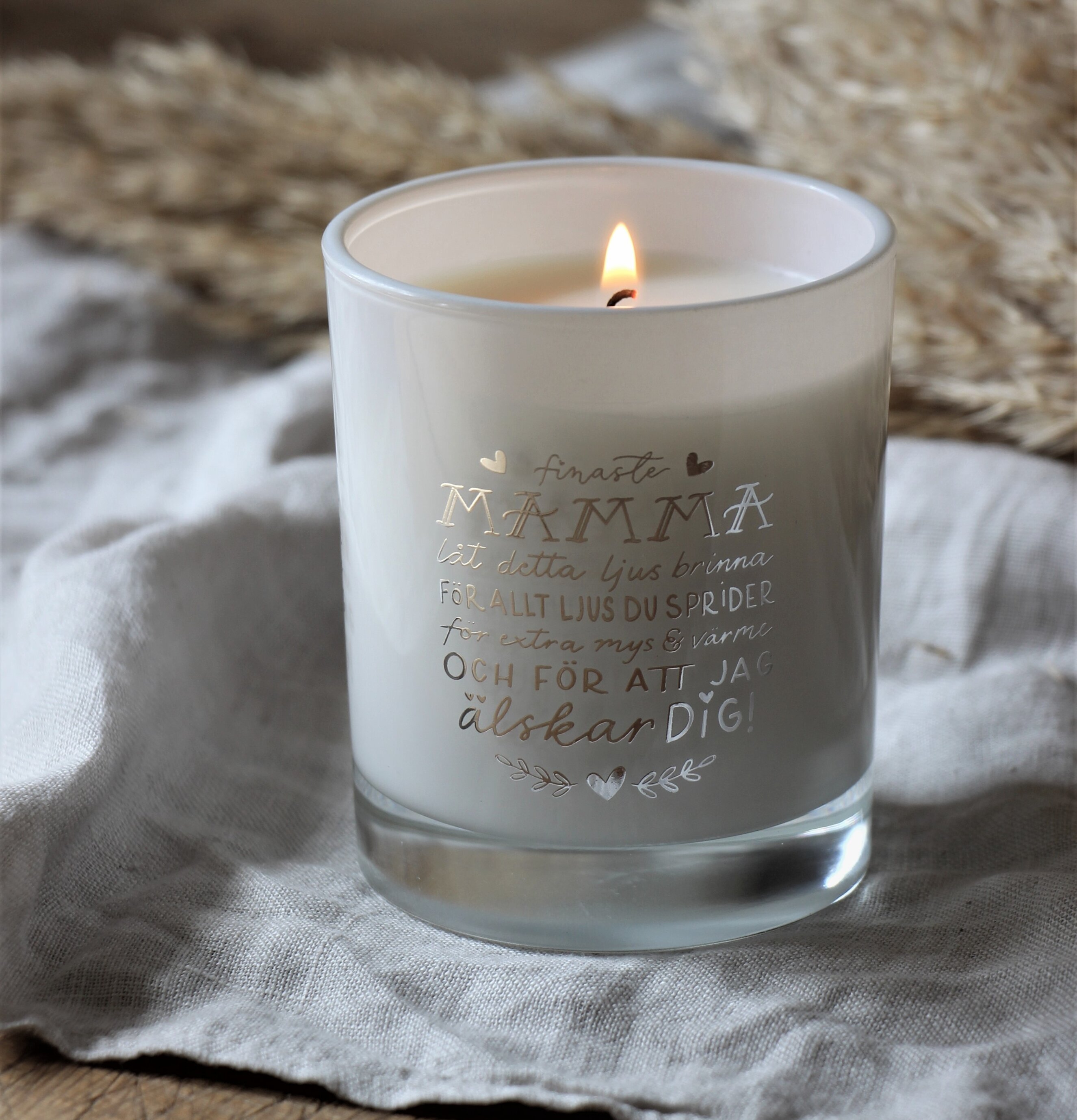 Ljus Mamma - Majas Cottage i glasbehållare med guldtext