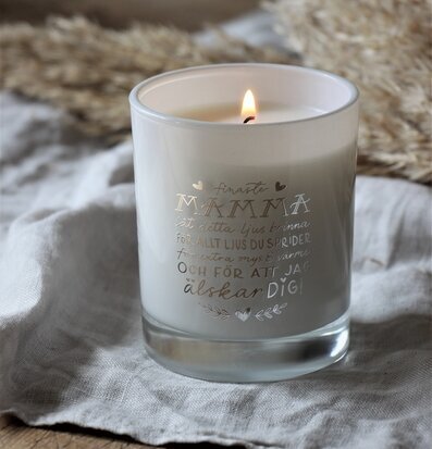 Ljus Mamma - Majas Cottage i glasbehållare med guldtext