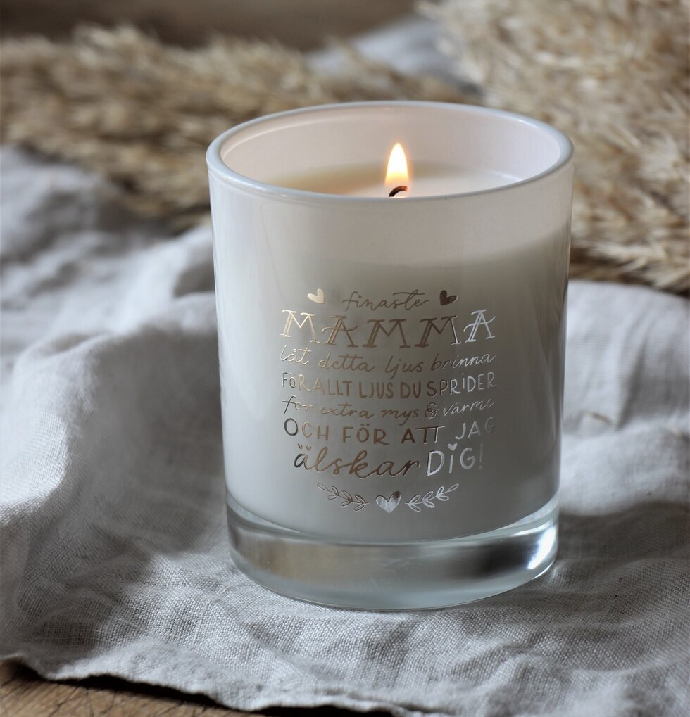 Ljus Mamma - Majas Cottage i glasbehållare med guldtext