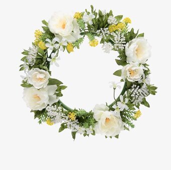 Blomsterkrans Vit/Gul 27 Cm från Mr Plant med vita och gula blommor