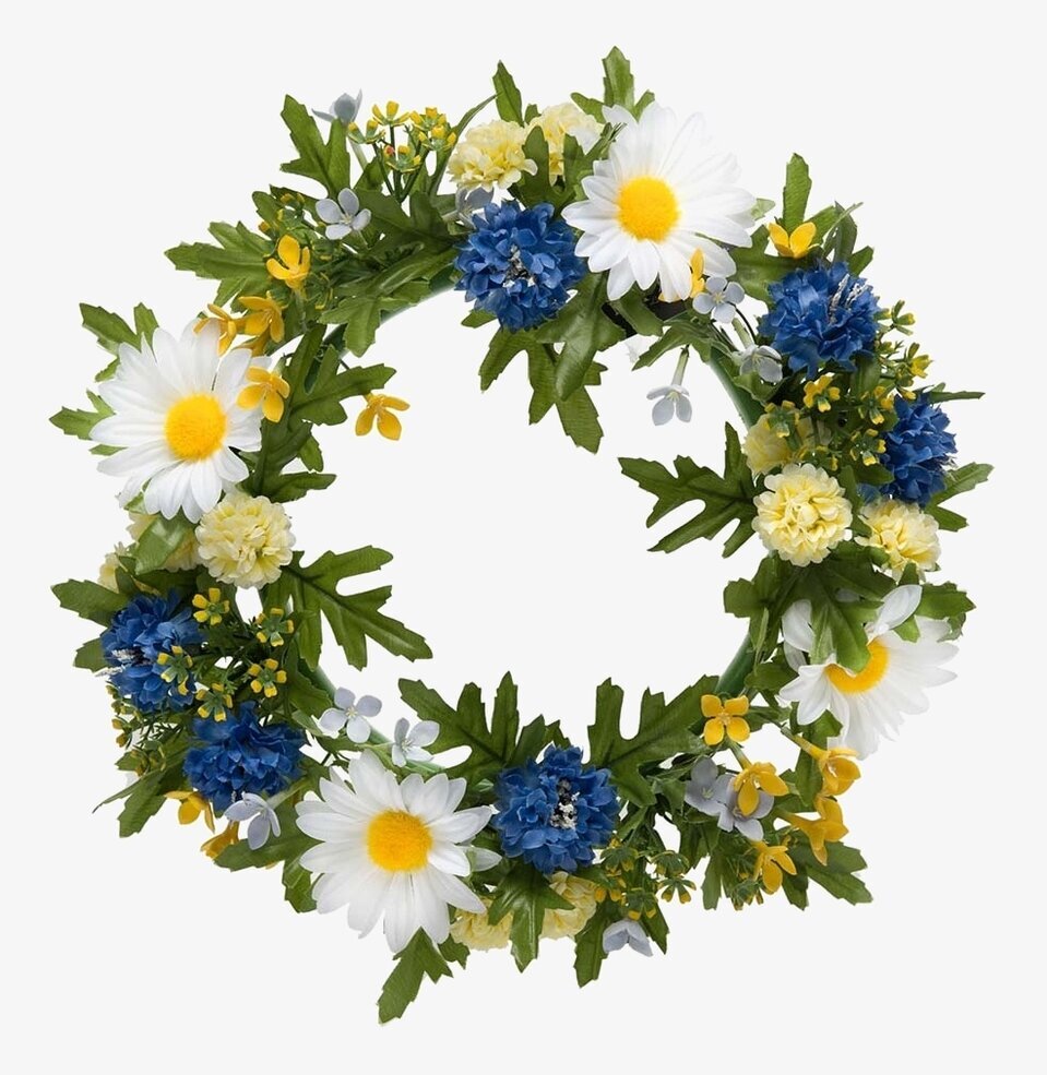 Blomsterkrans Vit/Blå 27 Cm från Mr Plant mot vit bakgrund