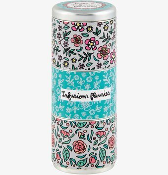 Bild av färgglad plåtburk med blommigt mönster