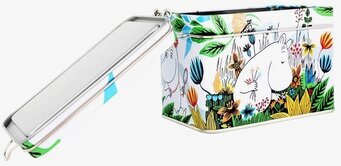 Bild av färgglad teburk med Mumin-motiv och blommor