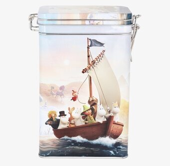 Bild av dekorativ kaffeburk med Mumintema och pastellfärger