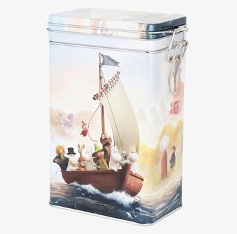 Bild av en livfull kaffeburk med Muminmotiv