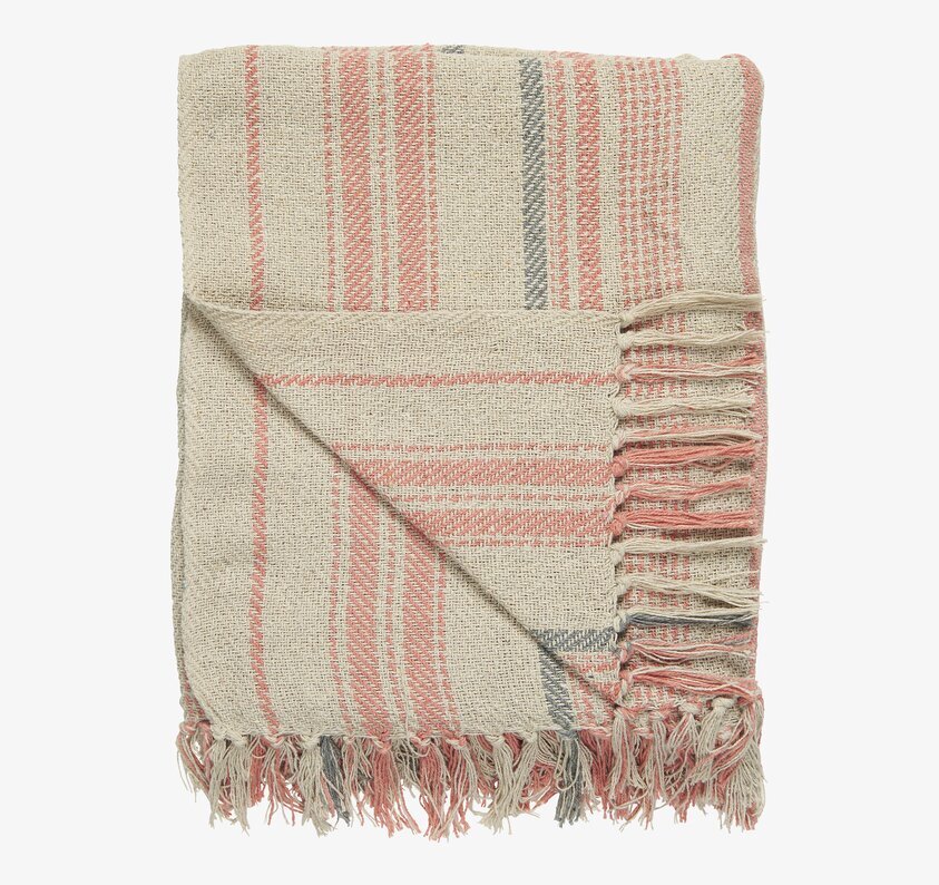 Pläd Stripes Creme/Coral/Grey från IB Laursen med fransar