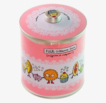 Bild av rosa plåtburk med lekfull design och charm