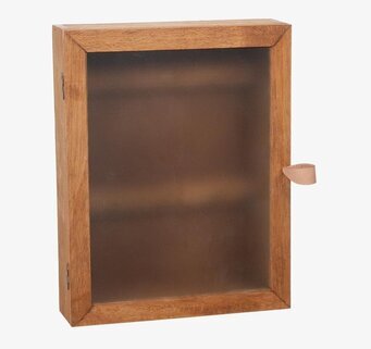 Bild av elegant nyckelskåp i brunt trä med läderdetalj