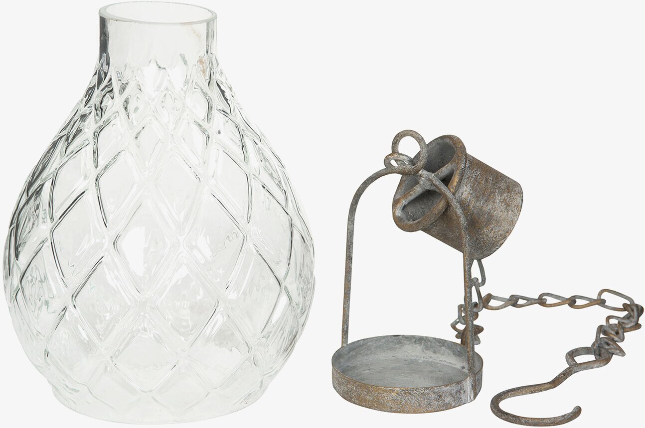 Bild av glaslykta med metallkedja och mönstrat glas