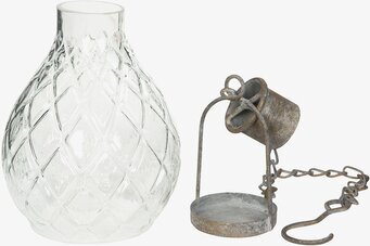 Bild av glaslykta med metallkedja och mönstrat glas