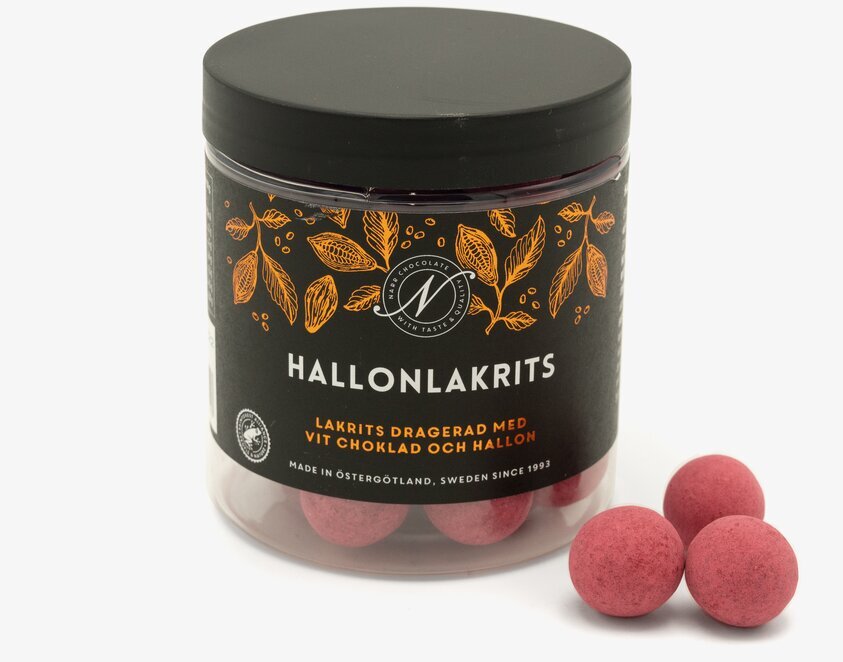 Hallonlakrits från Narr Chocolate i genomskinlig burk