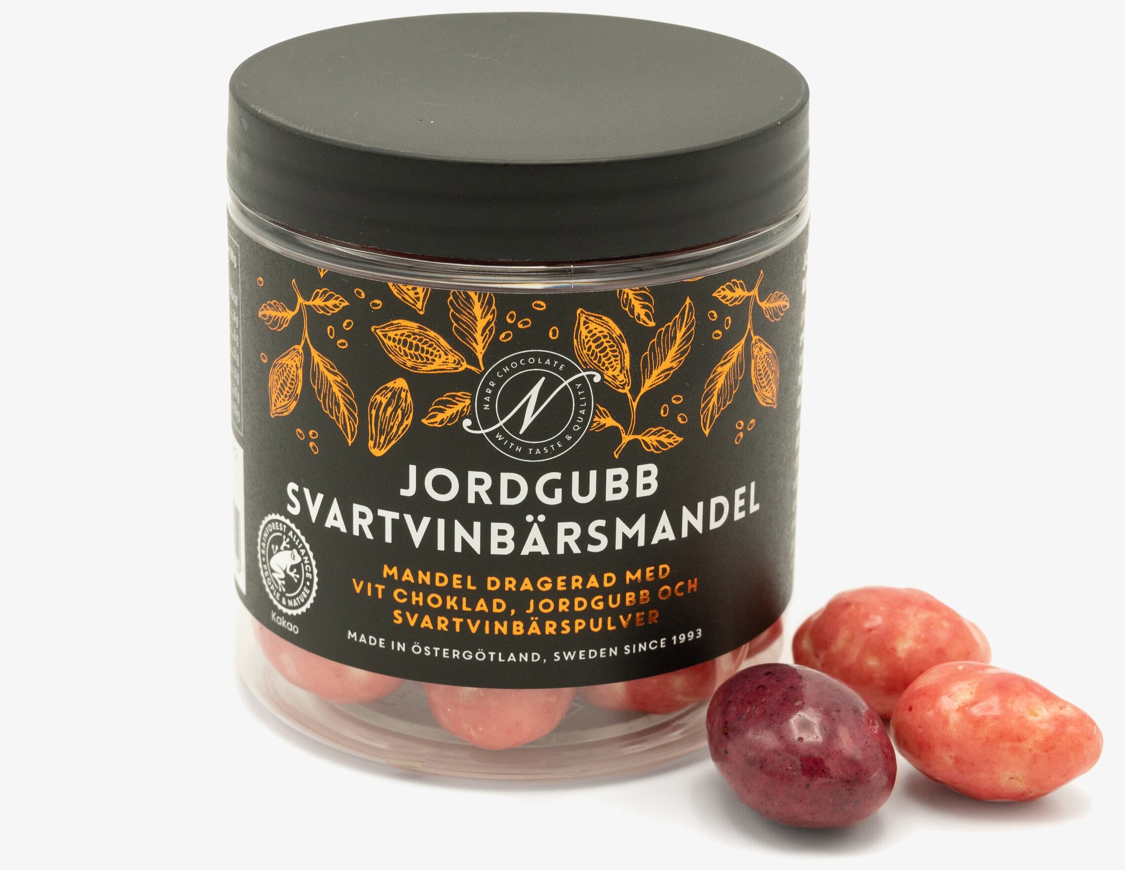 Narr Chocolate Jordgubb svartvinbärsmandel förpackad i burk