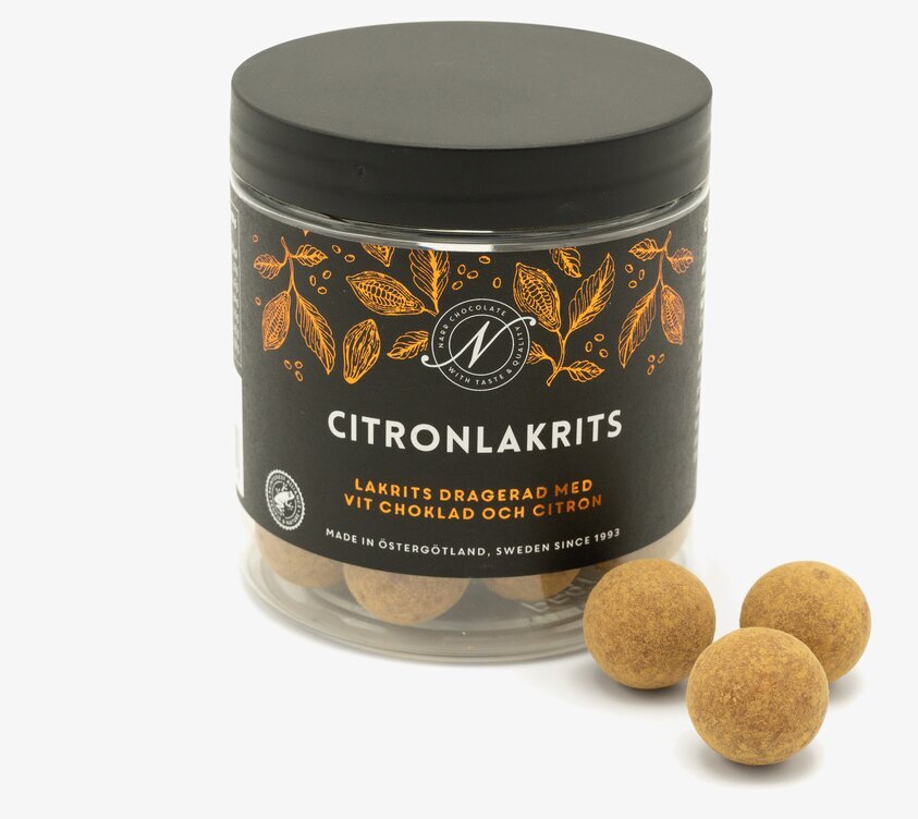 Citronlakrits från Narr Chocolate i genomskinlig plastburk