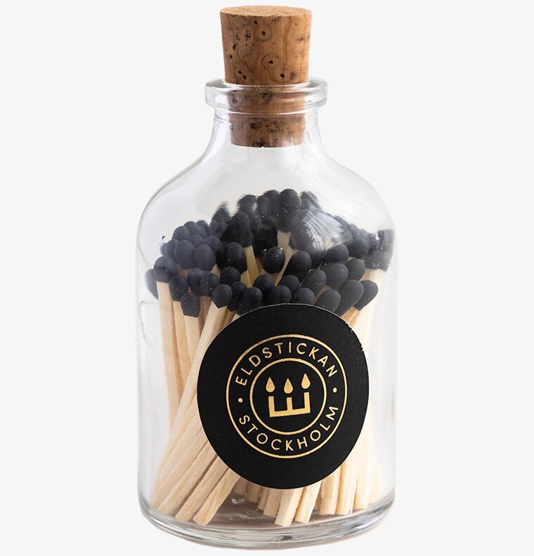 Tändstickor Rund Svart från Eldstickan i glasbehållare