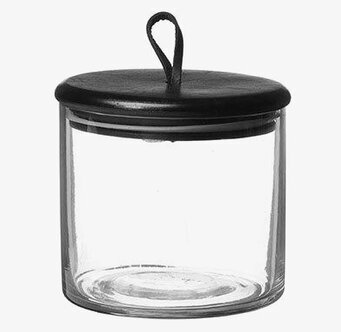 Bild av stilren glasburk med svart lock och ögla