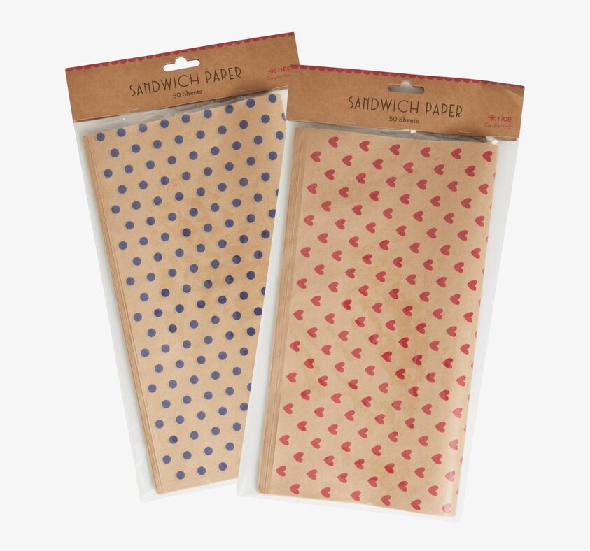 Smörgåspapper från Rice med blå prickar och röda hjärtan