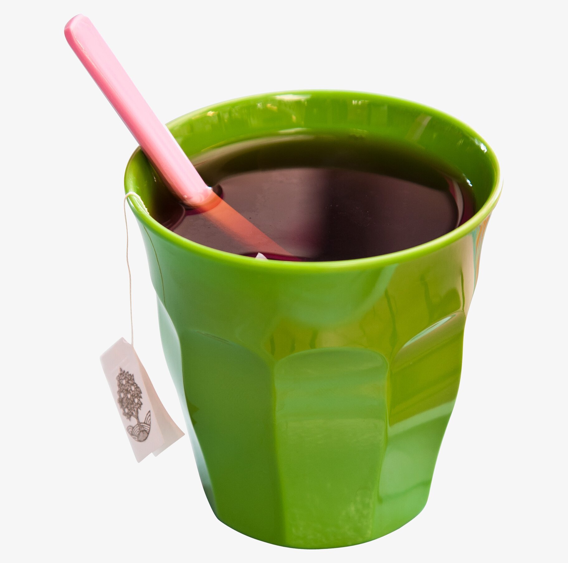 Mugg Grön från Rice med te och ljusrosa sked i melamin