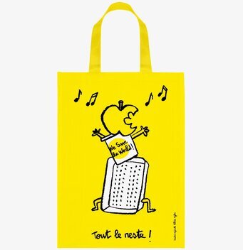 Återvinningskasse Gul från Derriére la porte med figur