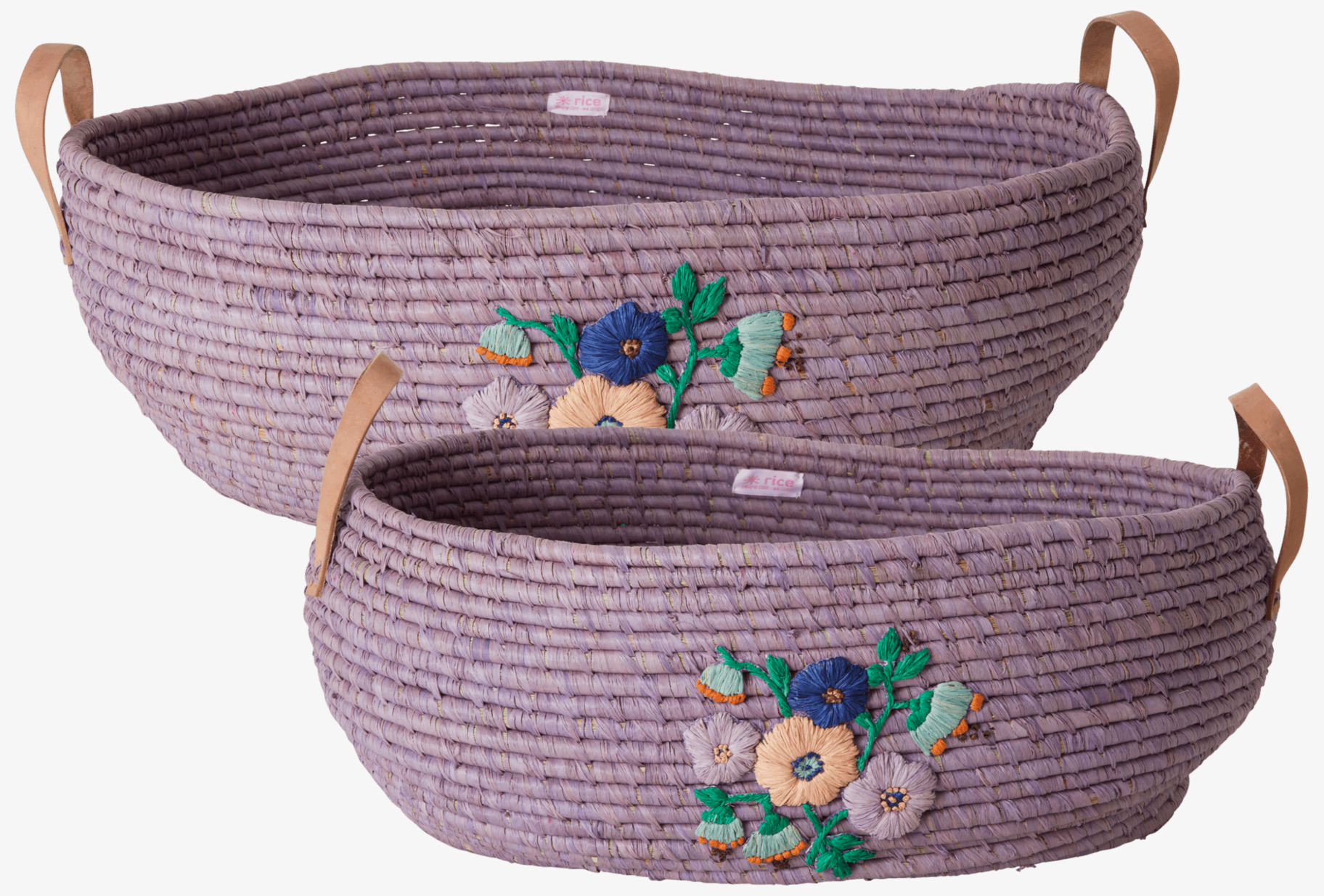 Raffiakorg Oval Lavender från Rice med handtag och broderier