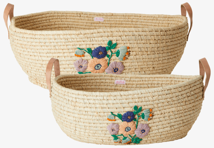 Raffiakorg Oval Natur från Rice med broderade blommor