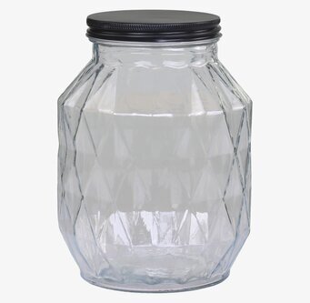 Bild av glasburk med facetterat mönster och metallock