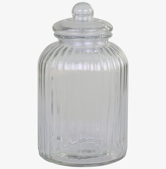 Bild av elegant glasburk med lock och vertikala ränder