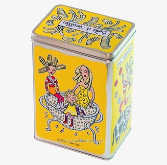Bild av färgglad plåtburk med lekfull design och motiv