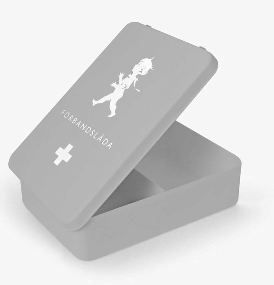 Medicinskåp Grå från Solstickan med vit logotyp och text