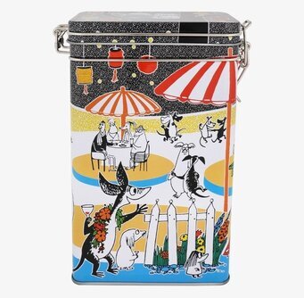 Bild av livfull kaffeburk med festligt Muminmotiv