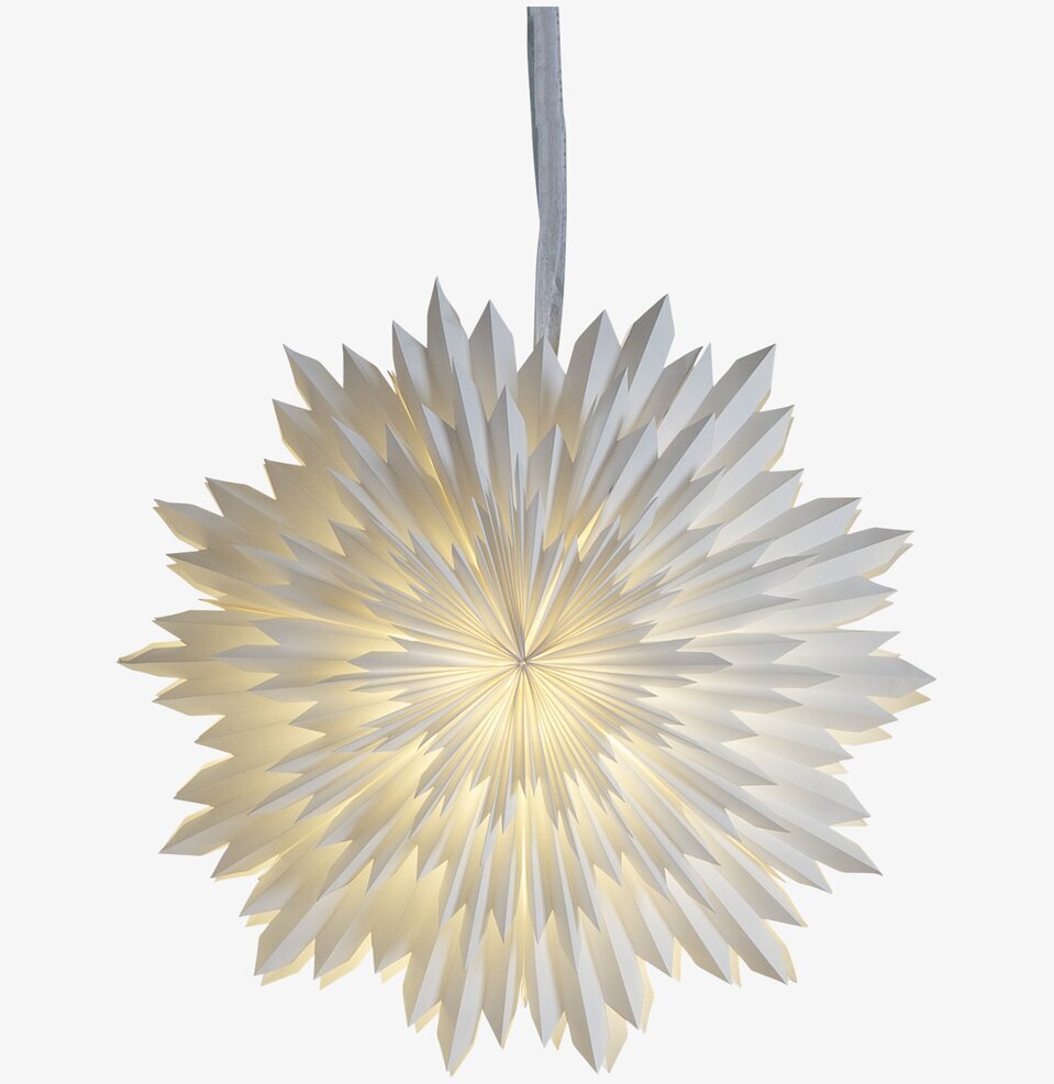 Pappersstjärna Ice Vit från Star Trading hänger upplyst