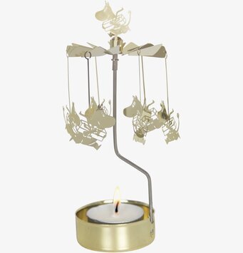 Foto av ett Mumin-änglaspel i guld med roterande figurer