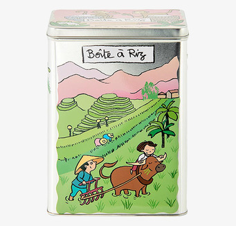 Bild av färgglad plåtburk med asiatisk landskapsdesign