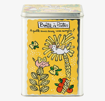 Bild av gul plåtburk med lekfulla grisillustrationer