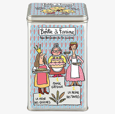 Bild av färgglad plåtburk för mjölförvaring i köket