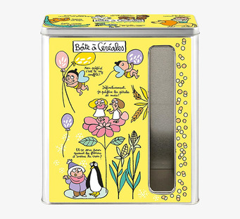 Bild av färgglad plåtburk med tecknade figurer