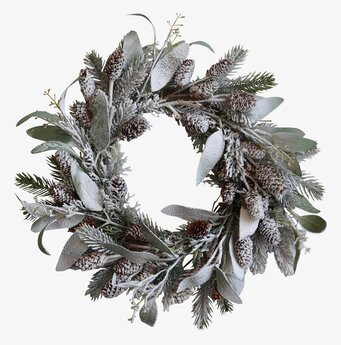 Krans Fleur Gran/Kottar från Chic Antique med snöeffekt
