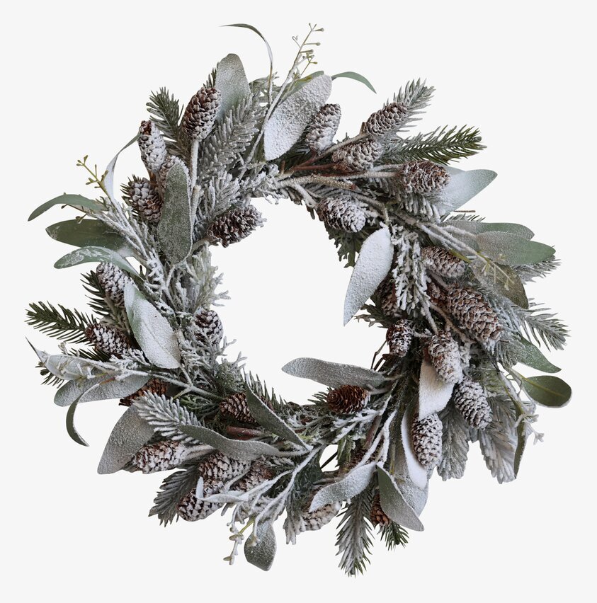 Krans Fleur Gran/Kottar från Chic Antique med snöeffekt