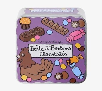 Bild av färgglad plåtburk med chokladillustrationer