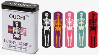 Funny Bones av Ouch! - färgglada plåster i metallask