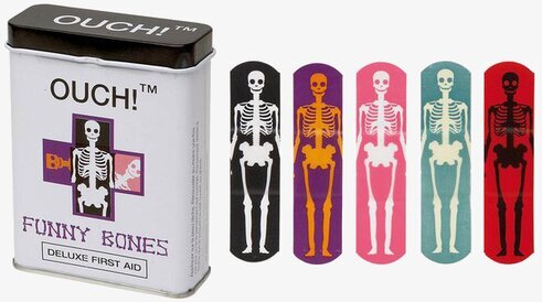 Funny Bones av Ouch! - färgglada plåster i metallask