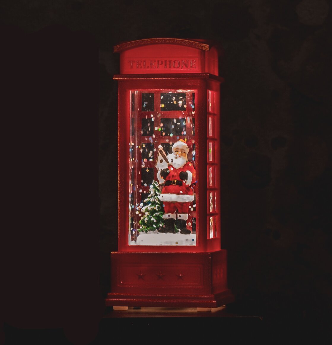 Snöglob Telefonkiosk LED Tomte från Multi Agentur i mörker