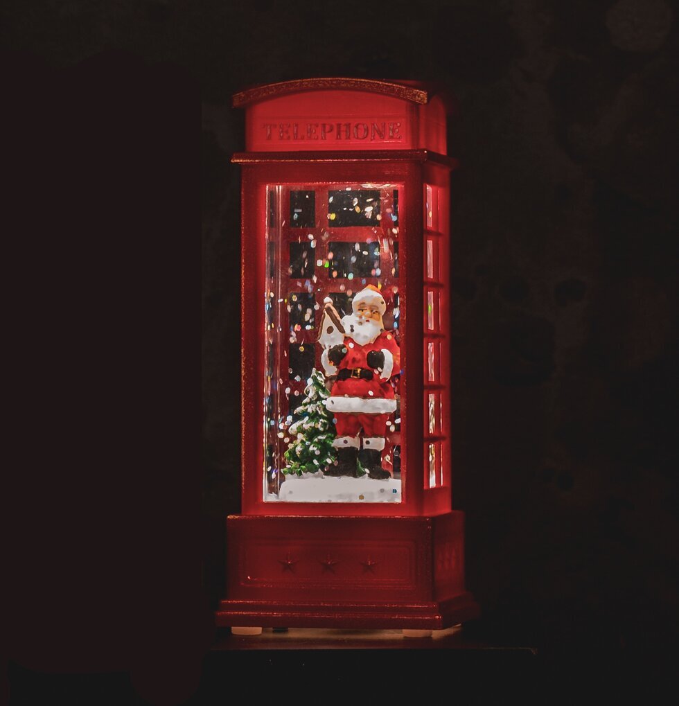 Snöglob Telefonkiosk LED Tomte från Multi Agentur i mörker
