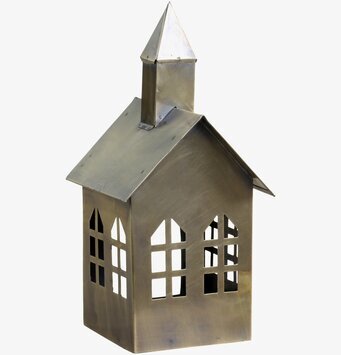 Foto av antik mässingsljuslykta med husdesign